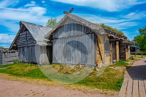 Wooden huts at Foteviken viking museum in Sweden