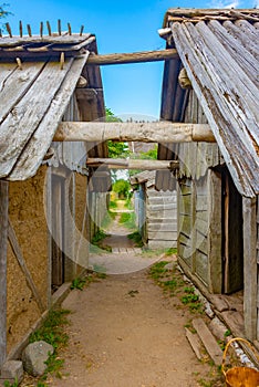 Wooden huts at Foteviken viking museum in Sweden