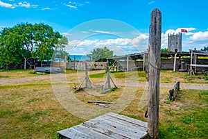 Wooden huts at Foteviken viking museum in Sweden