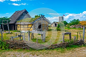 Wooden huts at Foteviken viking museum in Sweden