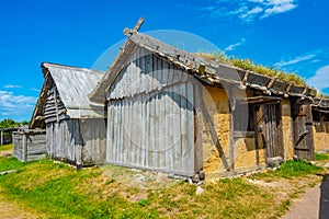 Wooden huts at Foteviken viking museum in Sweden