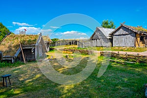 Wooden huts at Foteviken viking museum in Sweden