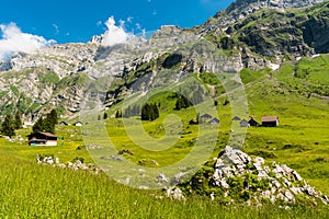 Wooden huts and meadows on the Schwaegalp with view of the Saentis summit, Canton of Appenzell-Ausserrhoden, Switzerland