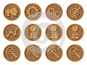 Wooden icons 3D on a round wooden background. Part five