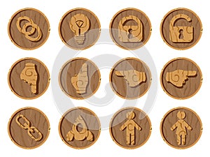 Wooden icons 3D on a round wooden background. Part four