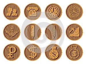 Wooden icons 3D on a round wooden background. Part seven