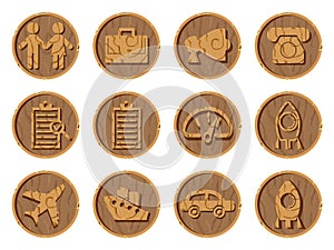 Wooden icons 3D on a round wooden background. Part six