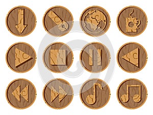 Wooden icons 3D on a round wooden background. Part three