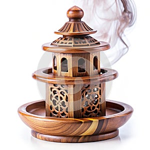 Wooden incense burner with intricate smoke-flow tower