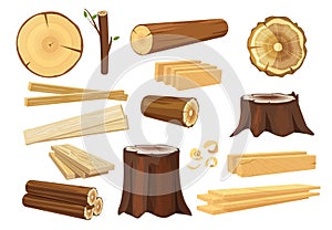 Wooden industry. Lumber trunks stacking log vector forestry objects stump and branches collection