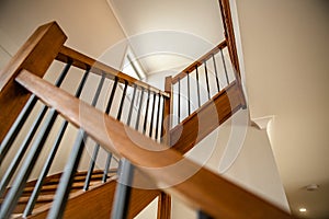 Wooden interior stairs staircase structure with brown colour, modern style and light window