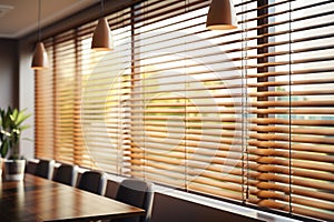 Wooden jalousie grace office windows, lighting range adjusted for meetings