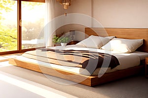 Wooden Japanese platform bed with bedside, fabric headboard, brown blanket, pillow on tatami mat in sunlight from shoji window for