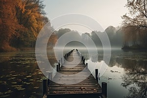 Wooden jetty on the calm autumn lake, created with generative AI