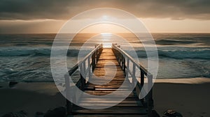 Wooden Jetty Extending into Calm Sea Waters with sunset view