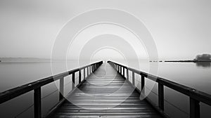 Wooden jetty on a foggy lake in black and white