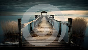 Wooden jetty on Lake Balaton in Hungary, Europe.