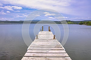 Wooden jetty in Lake Rotoiti, New Zealand