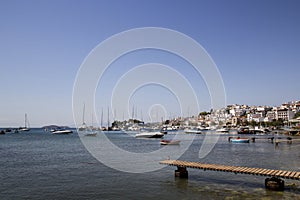 Wooden jetty in the old harbour of Skiathos, Skiathos Town, Greece, August 18, 2017
