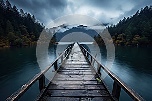 Wooden jetty over the mountain lake with forest on rainy cloudy gloomy day