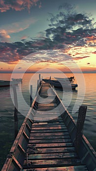 Wooden jetty overlooking a serene sunset