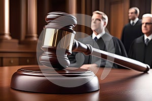 Wooden judge gavel on brown table in courtroom with blurred judge