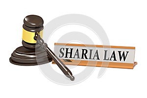 Wooden judge gavel and sharia law banner