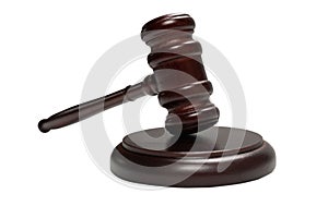 Wooden judge gavel and soundboard isolated on a white background