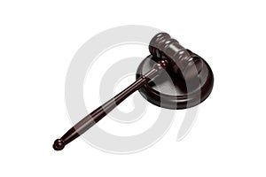 Wooden judge gavel and soundboard isolated on a white background