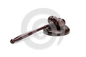 Wooden judge gavel and soundboard isolated on a white background