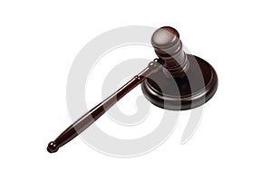 Wooden judge gavel and soundboard isolated on a white background