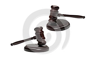 Wooden judge gavel and soundboard isolated on a white background