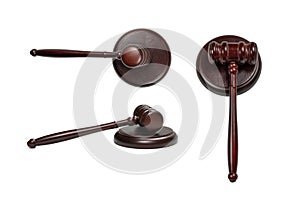 Wooden judge gavel and soundboard isolated on a white background