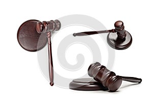 Wooden judge gavel and soundboard isolated on a white background