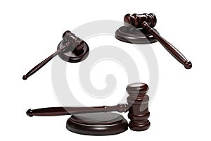 Wooden judge gavel and soundboard isolated on a white background