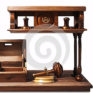wooden judge gavel and soundboard are isolated on a white background.