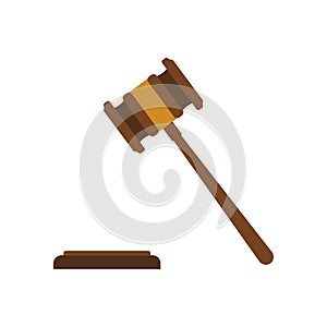 Wooden judge gavel and soundboard. Justice hammer sign. Vector.