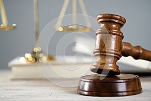 Wooden judge`s gavel. The criminal law.