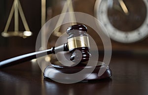 Wooden judge`s gavel. The criminal law.