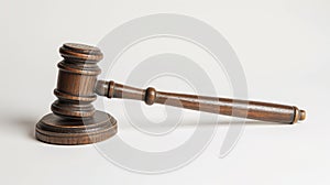 A wooden judge\'s gavel on a white background