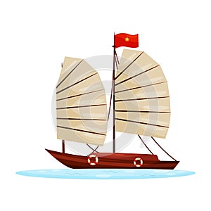 Wooden junk boat with sails and flag of Vietnam. Travel to Asia. Marine vehicle. Old sailing ship. Flat vector design