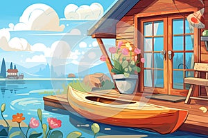 wooden kayak parked on the dock by a lakeside cottage, magazine style illustration