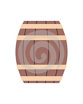 Wooden keg with alcohol, container for drinks. A barrel for wine, rum, beer or gunpowder. Vector illustration, icon in