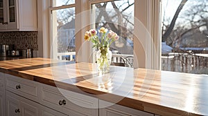 Wooden kitchen countertop. White kitchen furniture. Vase with flowers in a modern kitchen.