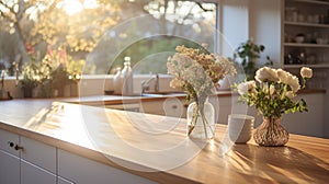 Wooden kitchen countertop. White kitchen furniture. Vase with flowers in a modern kitchen.