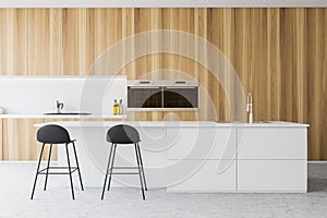 Wooden kitchen interior with white bar