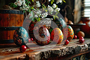 A wooden kitchen table set with Easter decorations and Easter eggs.