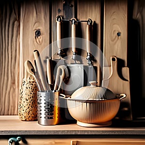 Wooden kitchen tools in rurale house photo