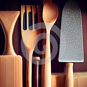 Wooden kitchen tools in rurale house photo