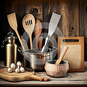 Wooden kitchen tools in rurale house photo